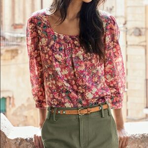 PERUVIAN CONNECTION Vintage Rose Top in Hibiscus Sz S Pima Cotton Shirred Detail